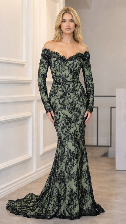 Off-shoulder black sequin lace evening gown with sage green lining
