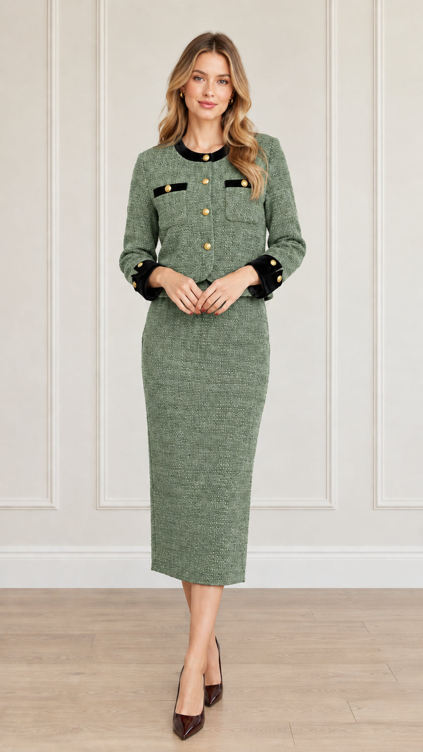 Full-length front view of women's sage green tweed skirt suit set with gold buttons