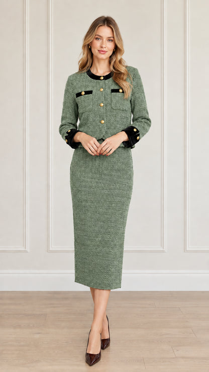 Full-length front view of women's sage green tweed skirt suit set with gold buttons