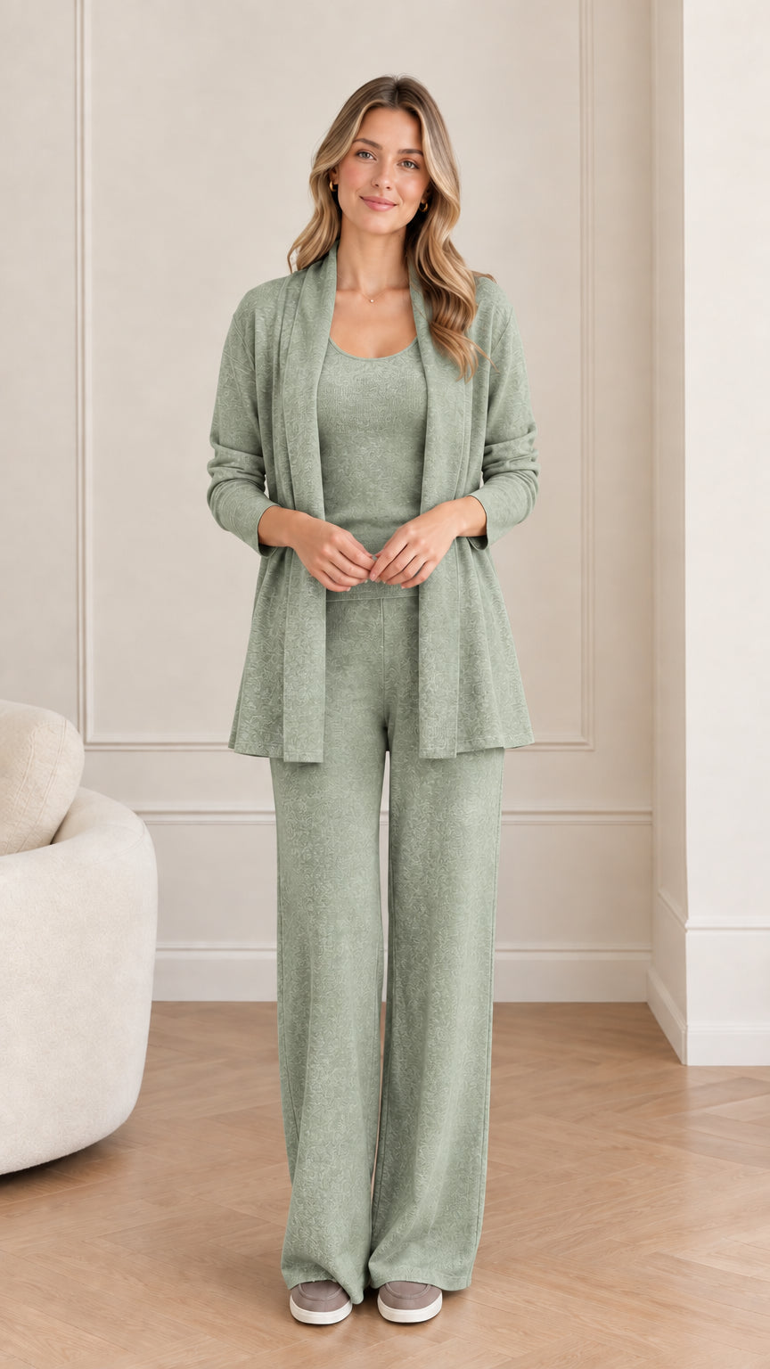 Front view of woman wearing Sage Green 3-piece knit loungewear set