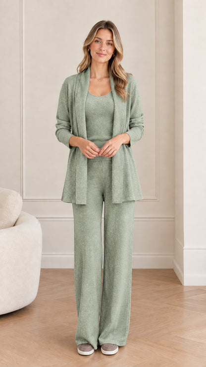Front view of woman wearing Sage Green 3-piece knit loungewear set