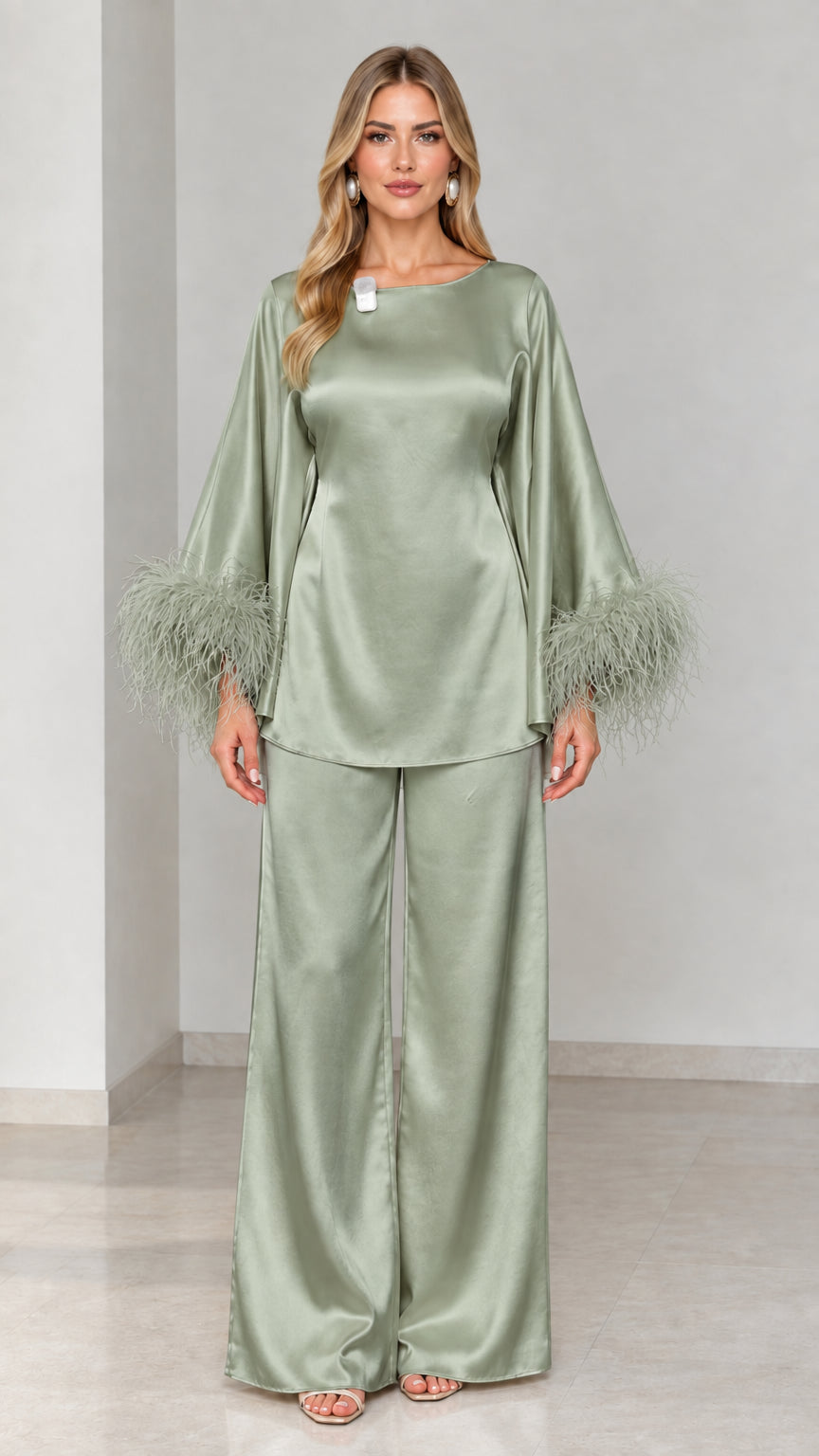 Sage green satin two-piece loungewear set with feather sleeve trim