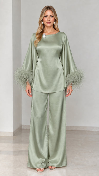 Sage green satin two-piece loungewear set with feather sleeve trim