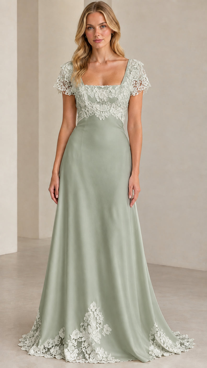 Full front view of sage green lace cap sleeve evening maxi dress