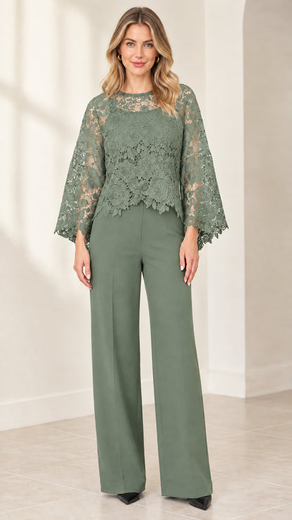 Front view of sage green lace overlay wide-leg jumpsuit