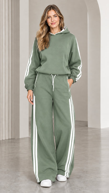 Sage green two-piece hoodie and wide leg sweatpants tracksuit set with white side stripes