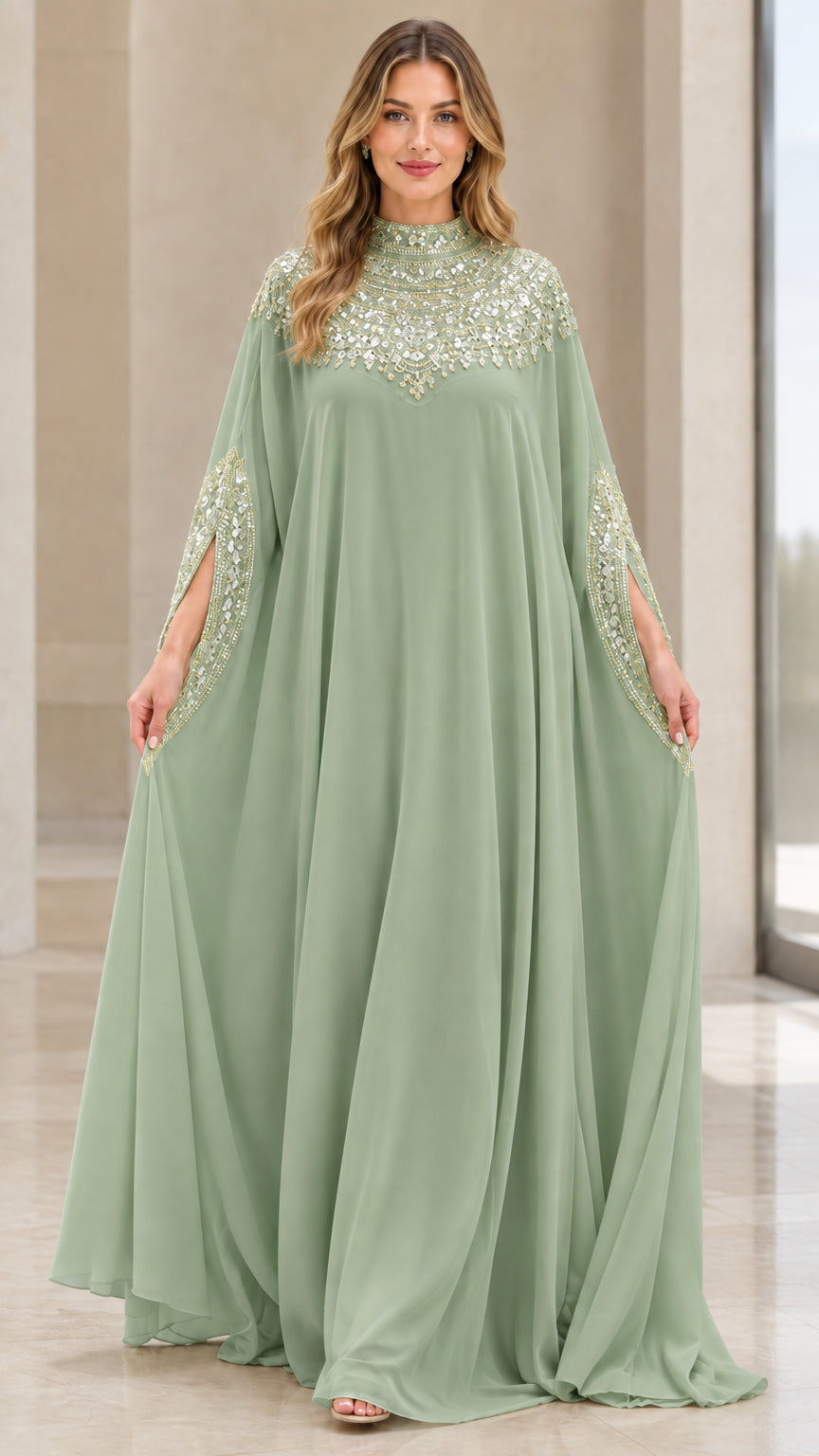 Model wearing sage green beaded cape sleeve kaftan evening gown