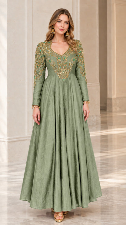 Full-length view of woman in a Sage Green embroidered long sleeve evening maxi dress