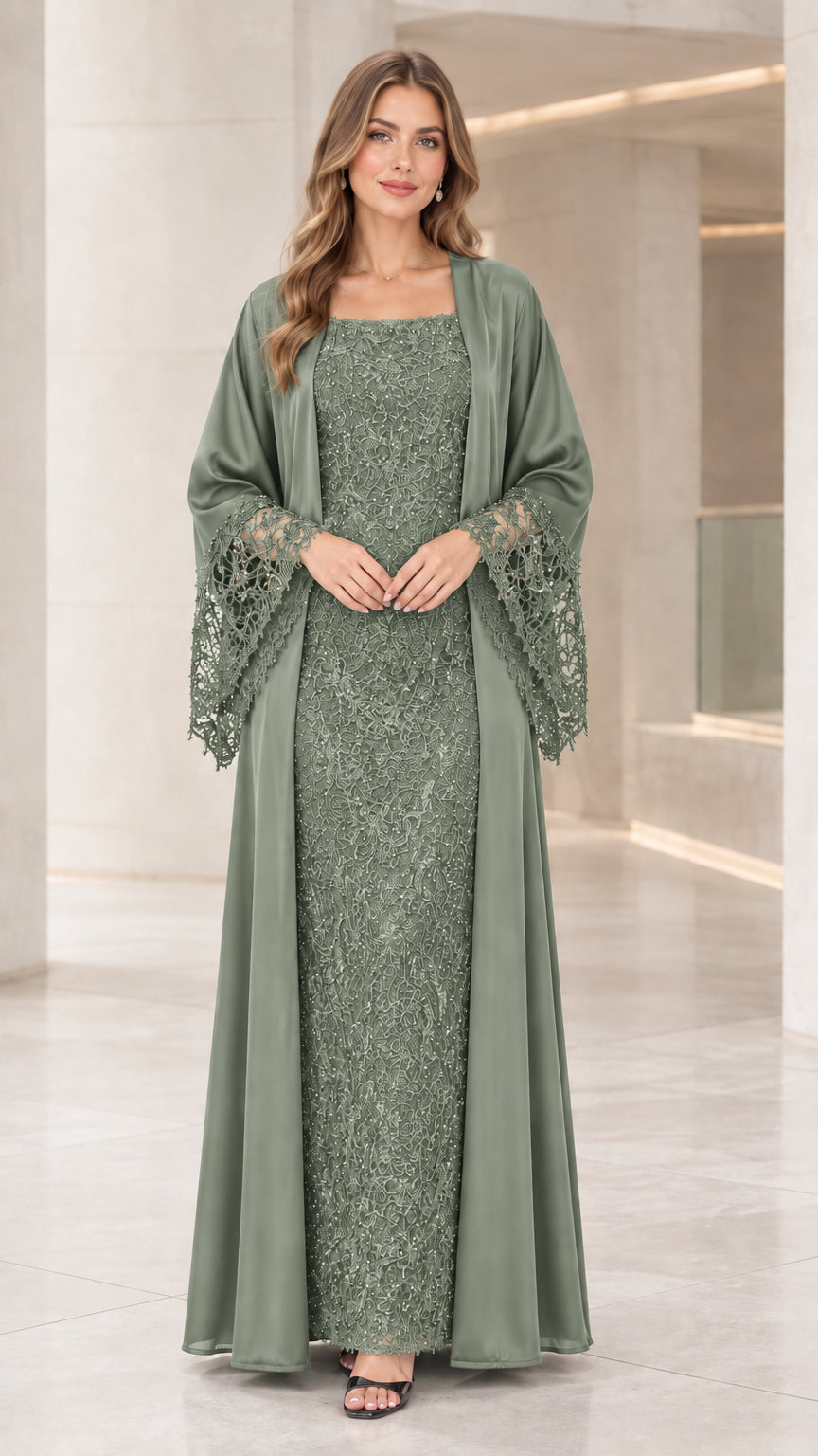 Sage green 2-piece formal maxi dress set with open-front satin jacket
