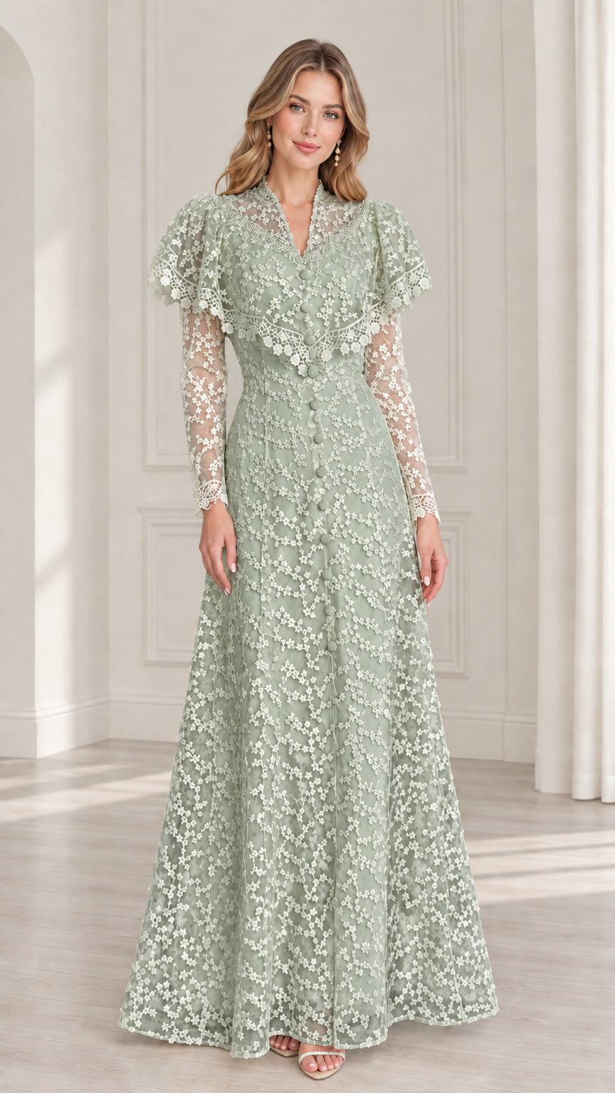 Sage green vintage style floral lace capelet formal dress
