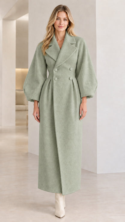 Full front view of Sage Green double-breasted long overcoat