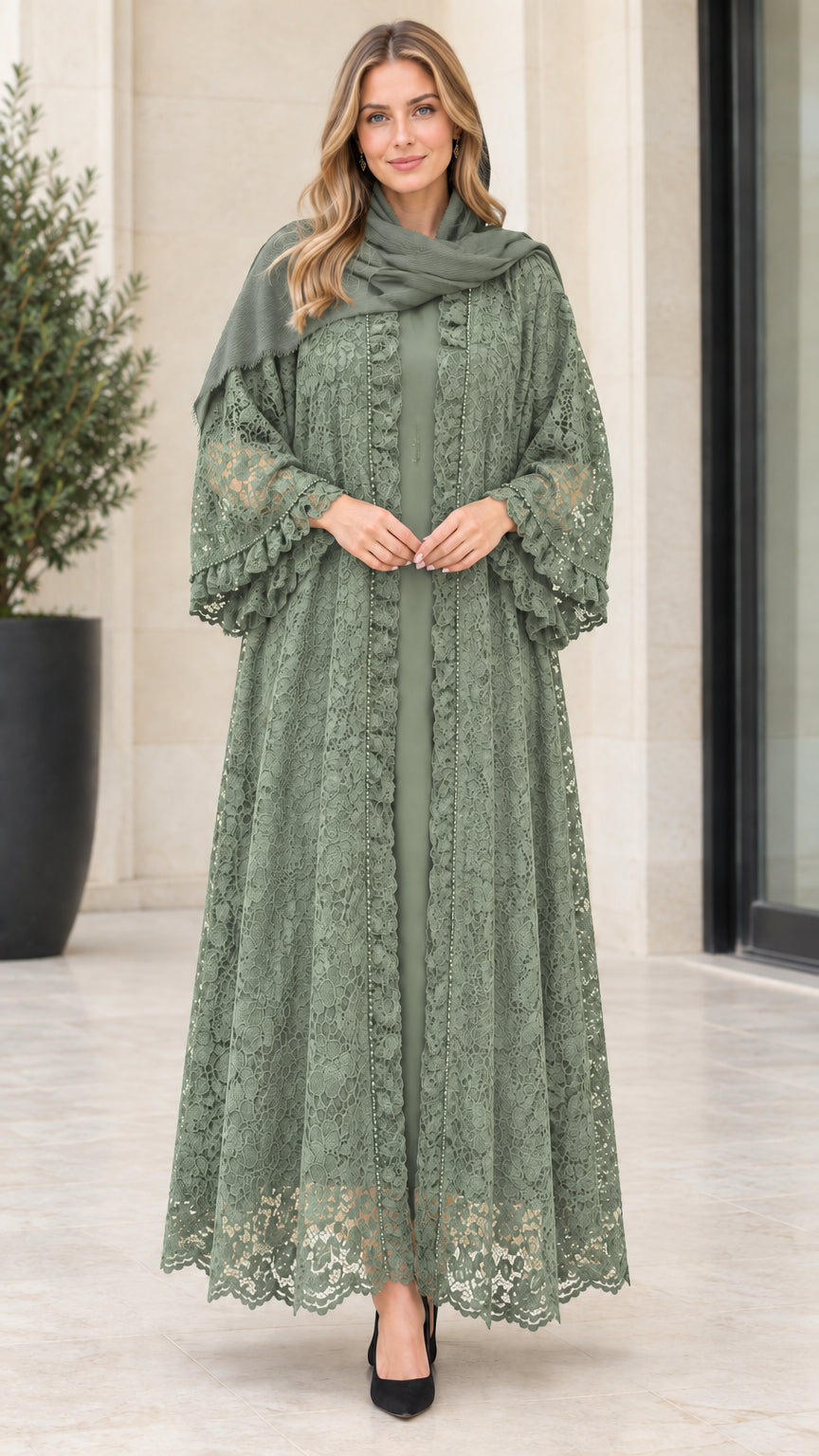Full-length front view of sage green floral lace maxi cardigan