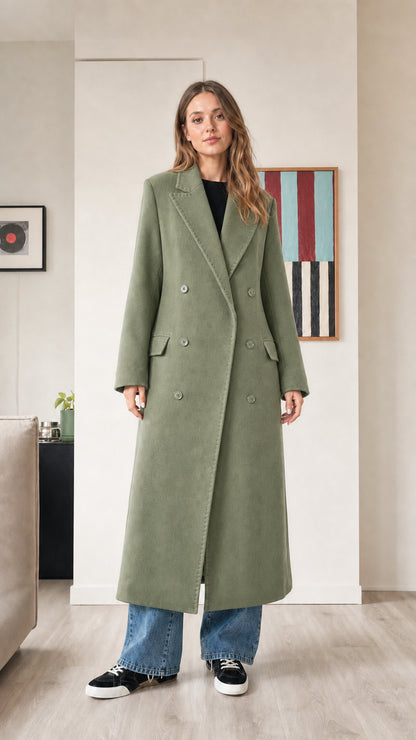 Front view of woman wearing sage green tailored maxi overcoat