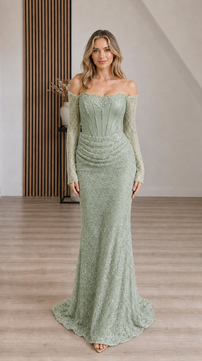 Front view of woman wearing Sage Green off-the-shoulder corset long sleeve formal gown
