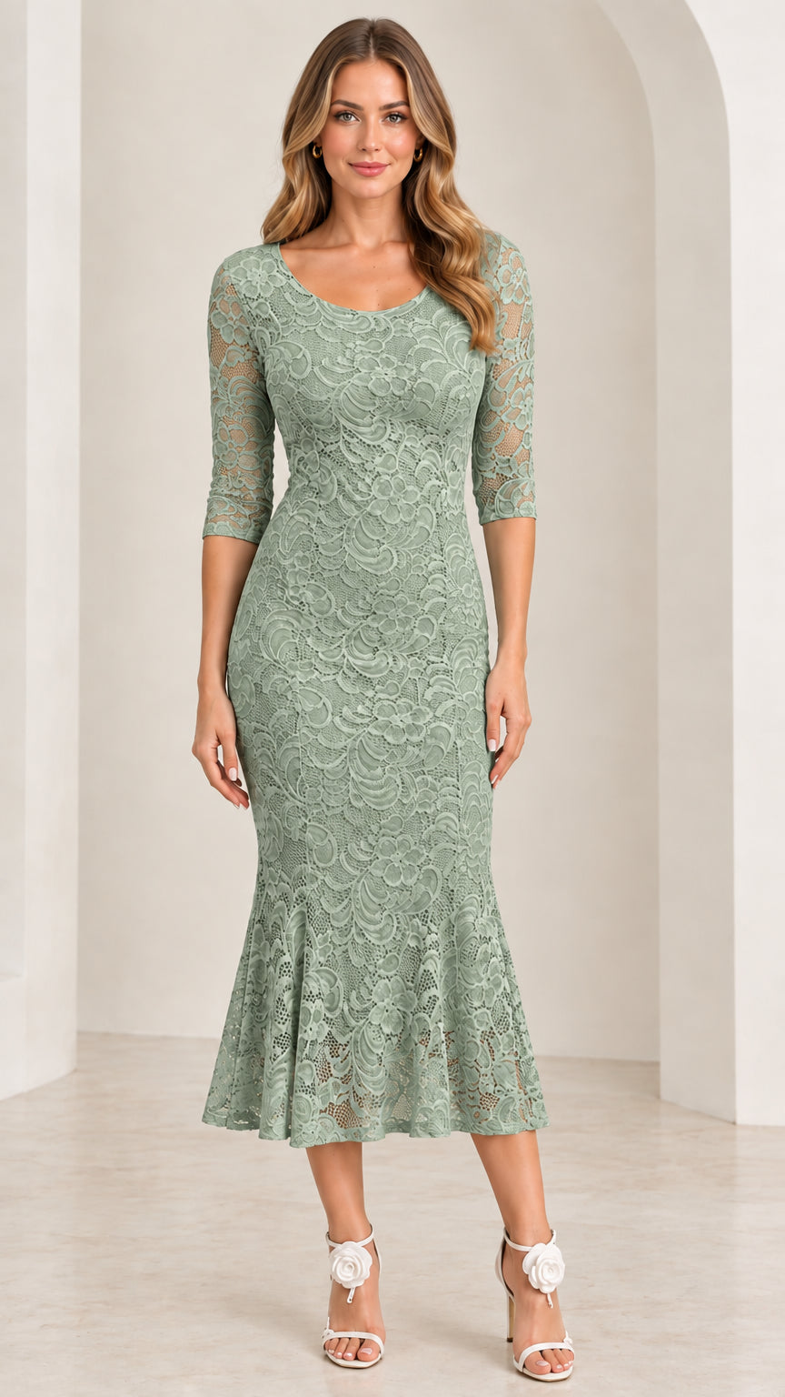 Sage green floral lace 3/4 sleeve cocktail midi dress