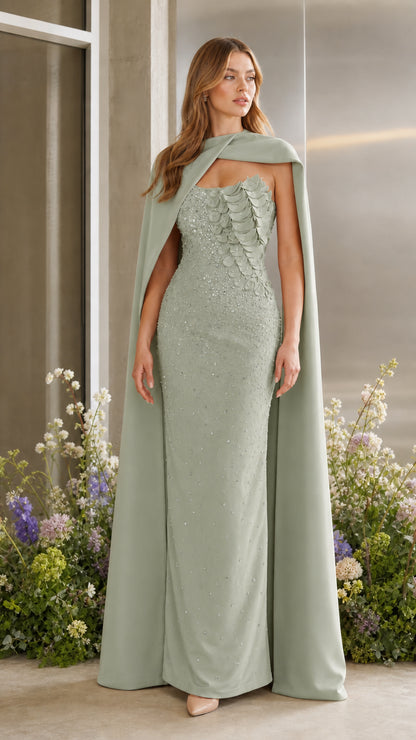 Sage green elegant column maxi dress with cape and embellished bodice