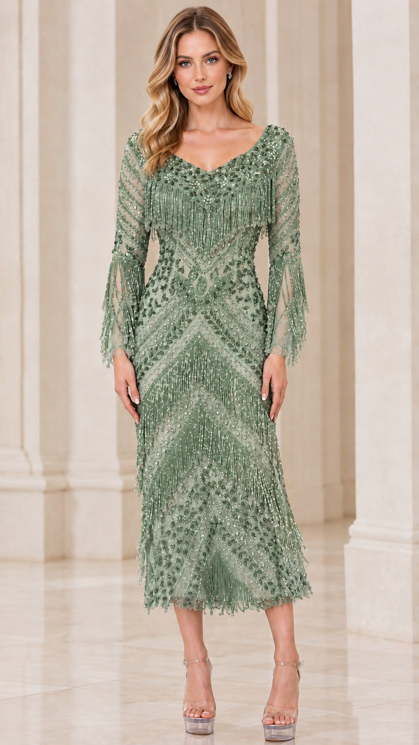 Sage Green beaded V-neck fringe midi evening dress