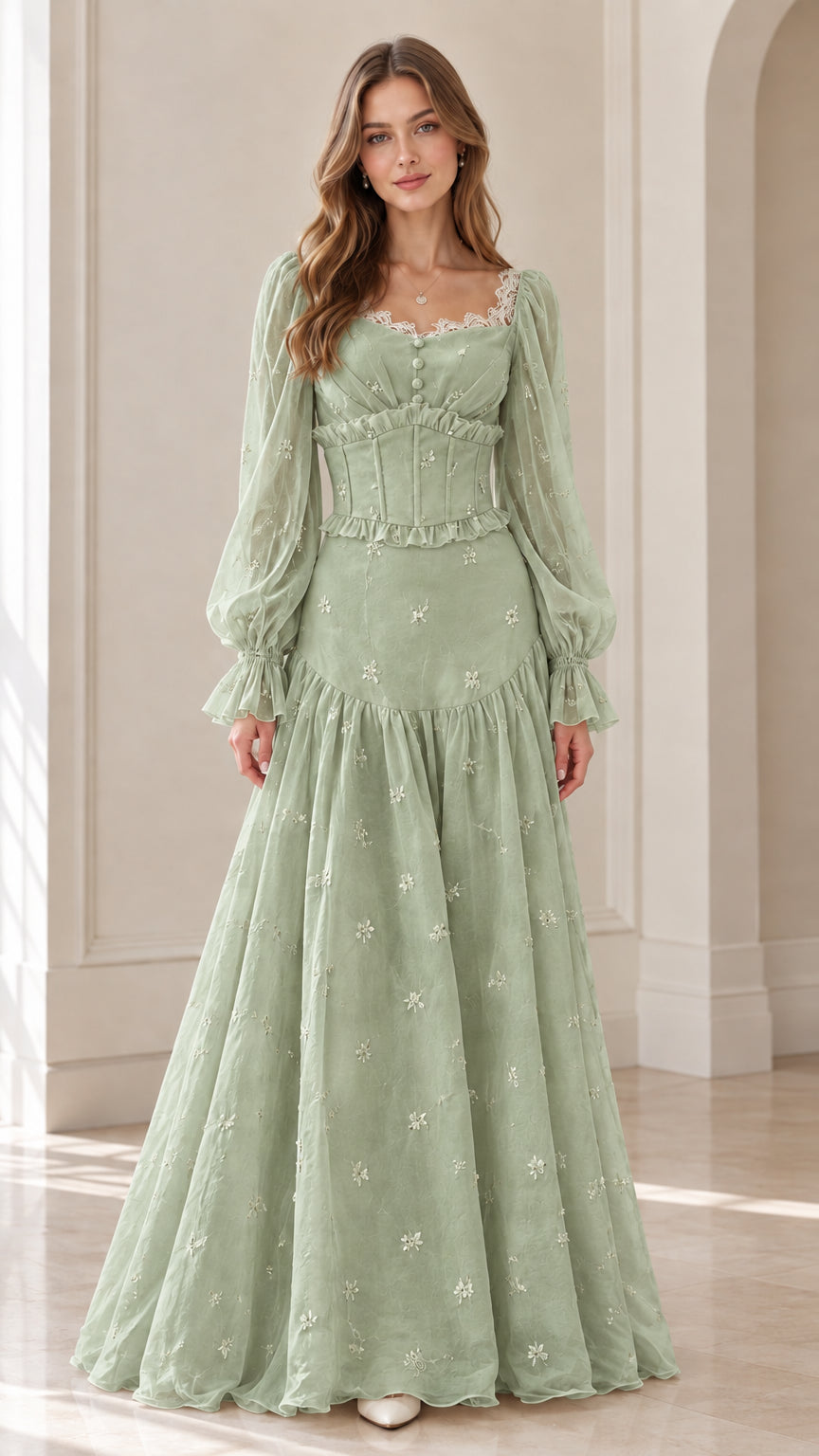 Front view of model wearing sage green long sleeve corset maxi dress