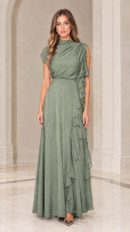 Sage green draped high neck maxi gown with cascade ruffle