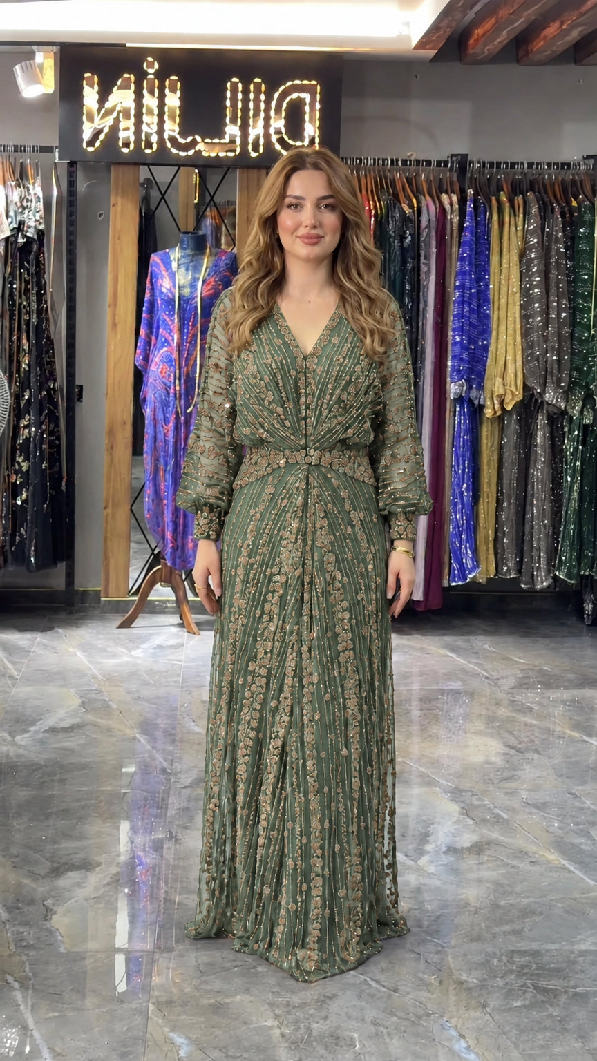 Sage green embellished V-neck formal evening maxi gown on model