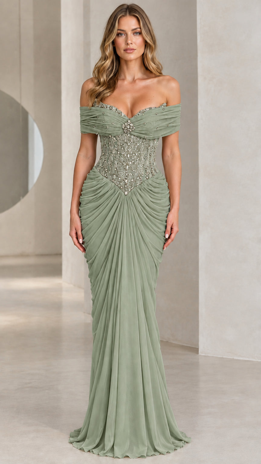 Sage green beaded sweetheart evening gown with draped maxi silhouette