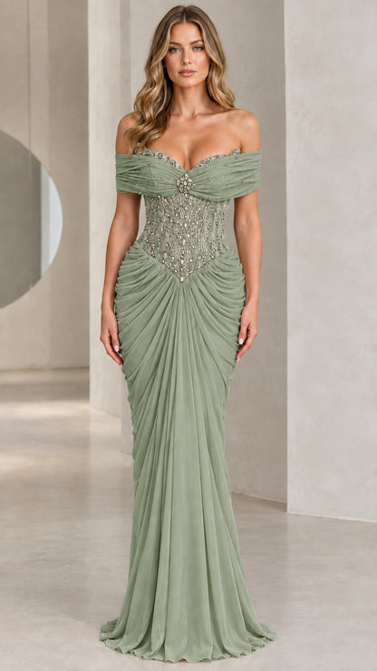 Sage green beaded sweetheart evening gown with draped maxi silhouette