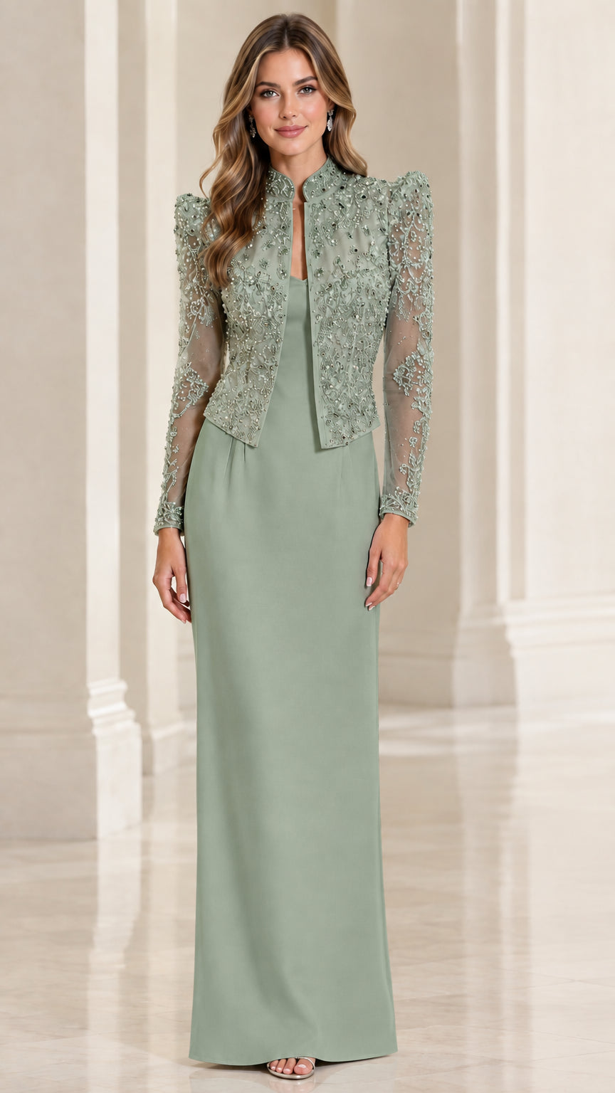 Sage green two-piece evening gown with sequined lace jacket