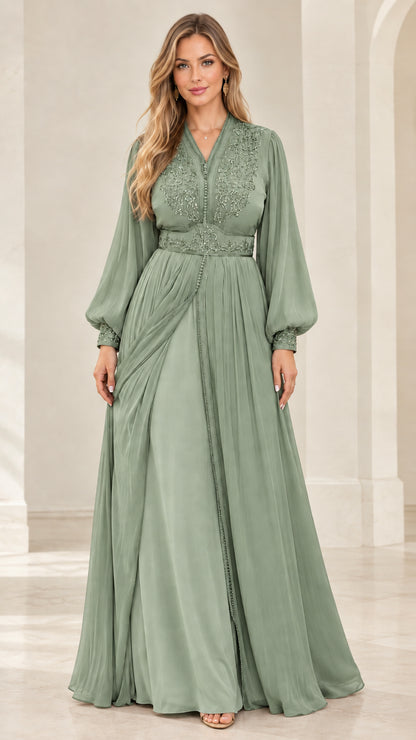 Sage green embroidered V-neck long sleeve formal evening gown