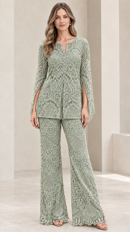 Sage green embroidered formal lace pant suit