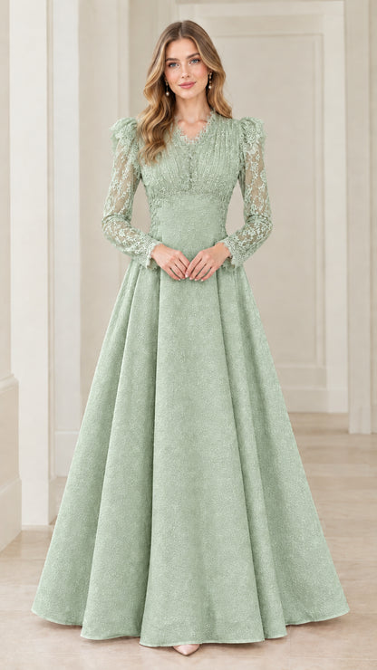 Front view of full-length Sage Green lace long sleeve evening gown