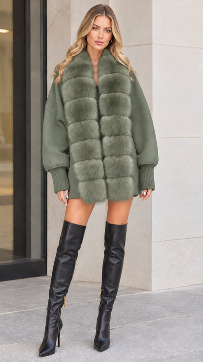 Front view of woman wearing sage green faux fur trim cardigan coat
