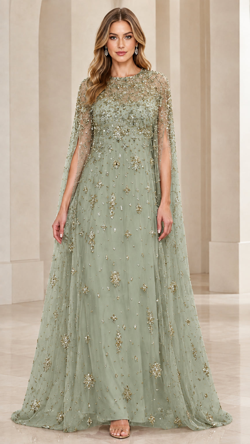 Sage green beaded cape evening gown floor-length formal dress