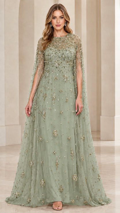 Sage green beaded cape evening gown floor-length formal dress