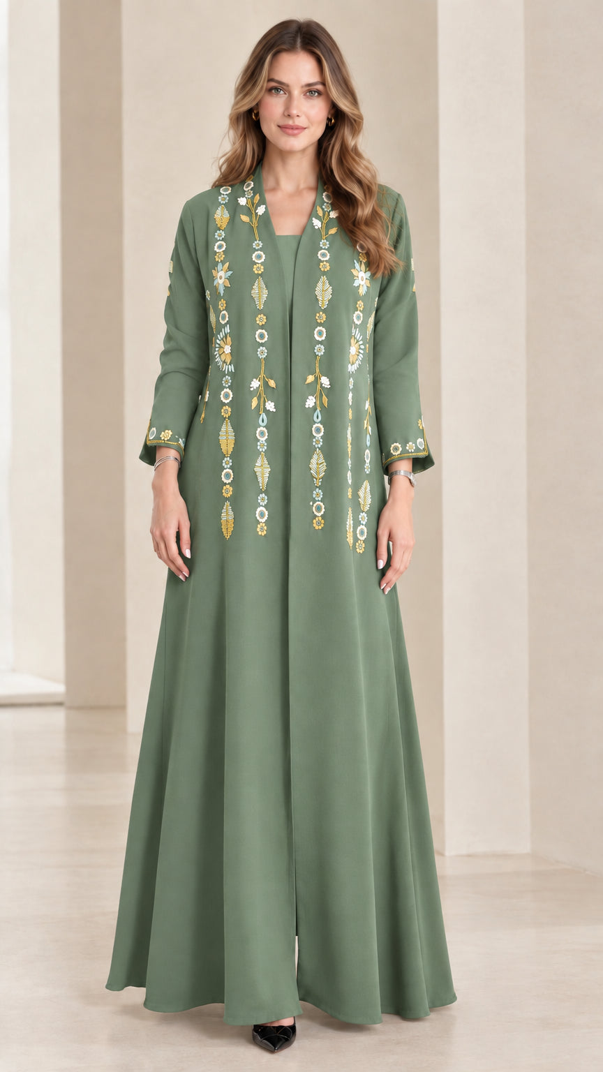 Front view of sage green embroidered maxi dress