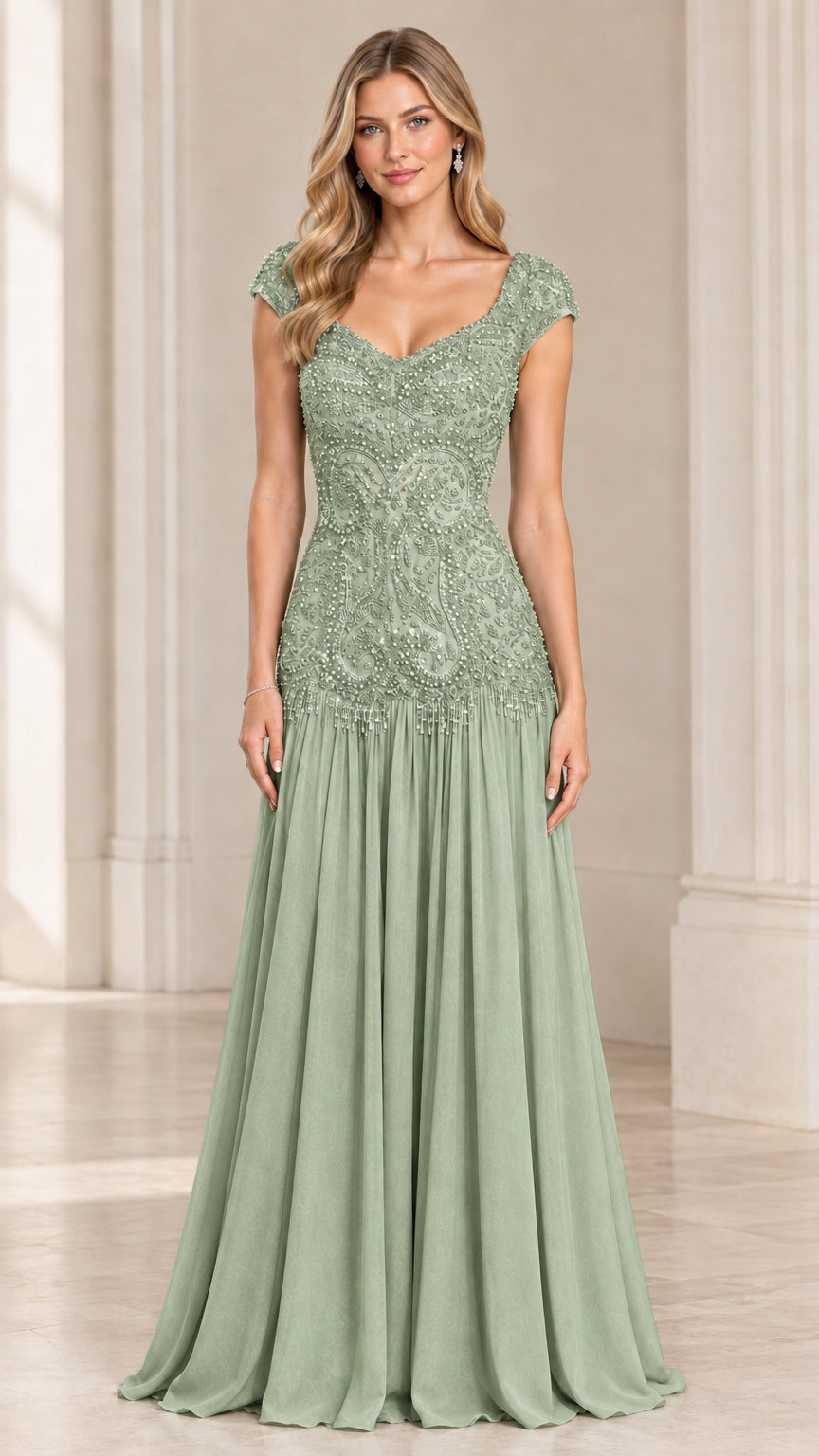 Front view of sage green beaded lace drop waist formal evening gown
