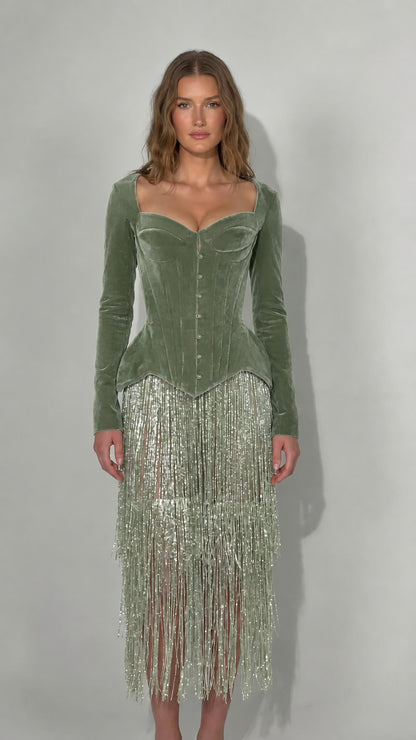 Sage green velvet corset long sleeve midi dress with tassel fringe hem