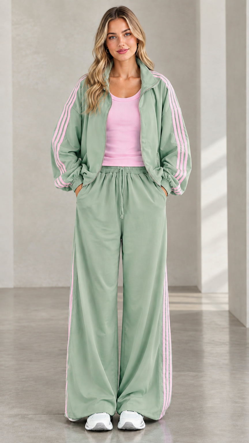 Front view of model wearing sage green tracksuit set with light pink side stripes