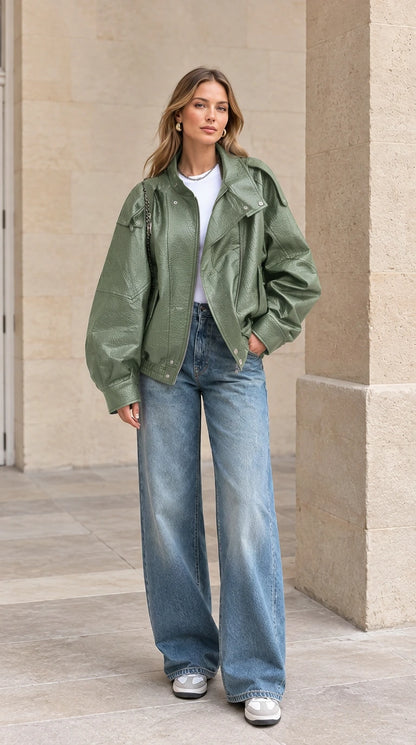 Front view of woman wearing sage green textured faux leather bomber jacket