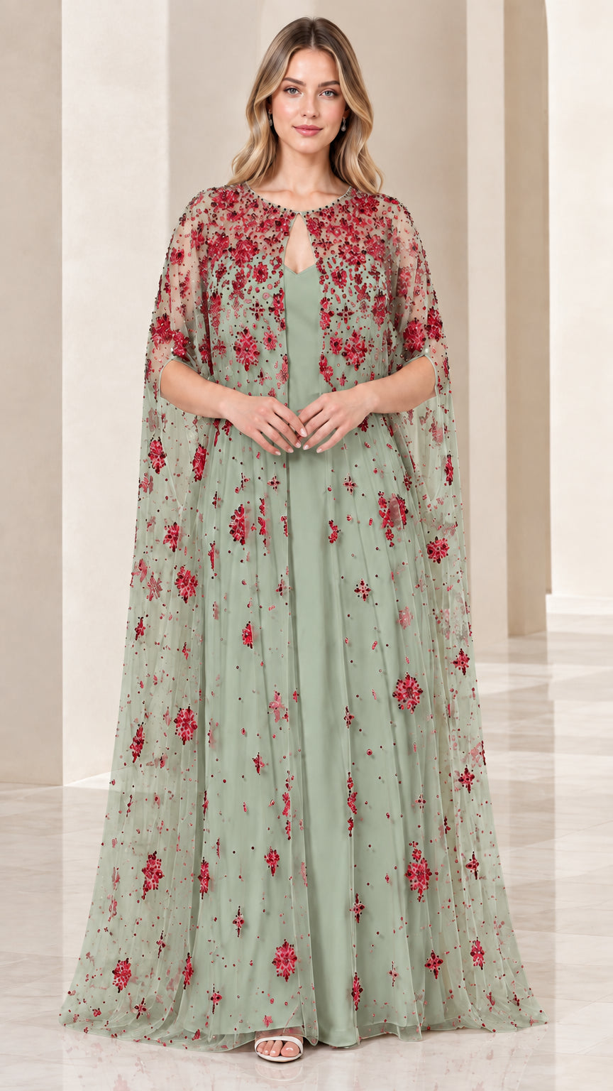 Sage green evening gown featuring red floral sequined cape overlay