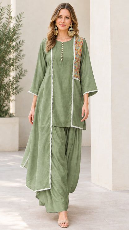 Woman wearing Sage Green ethnic tunic and dhoti trouser set
