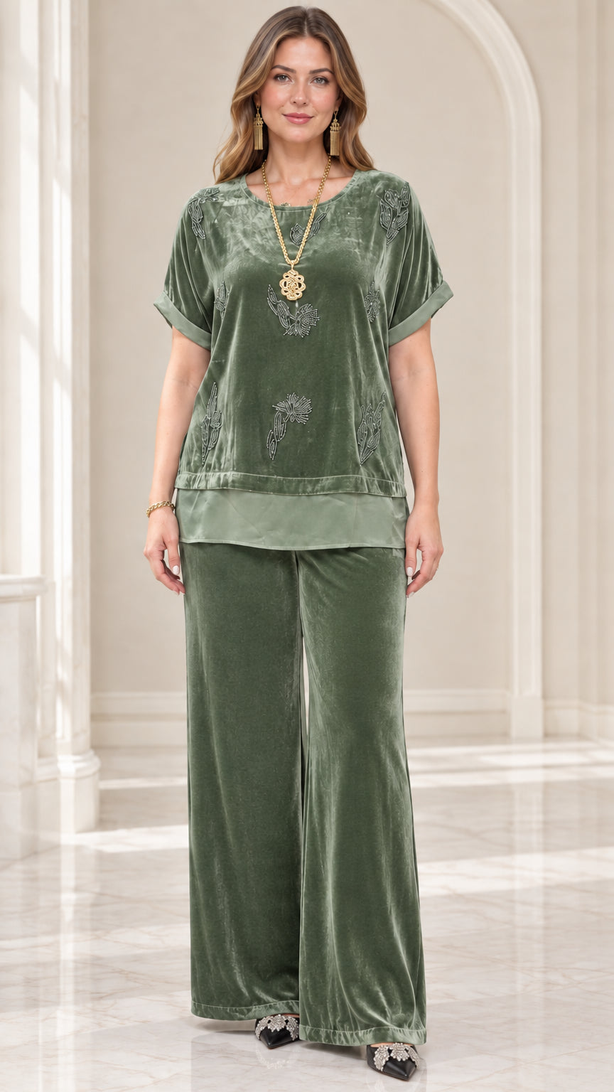 Full front view of model wearing Sage Green beaded velvet top and wide leg pants set