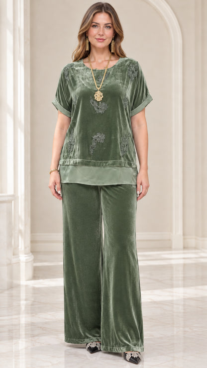 Full front view of model wearing Sage Green beaded velvet top and wide leg pants set