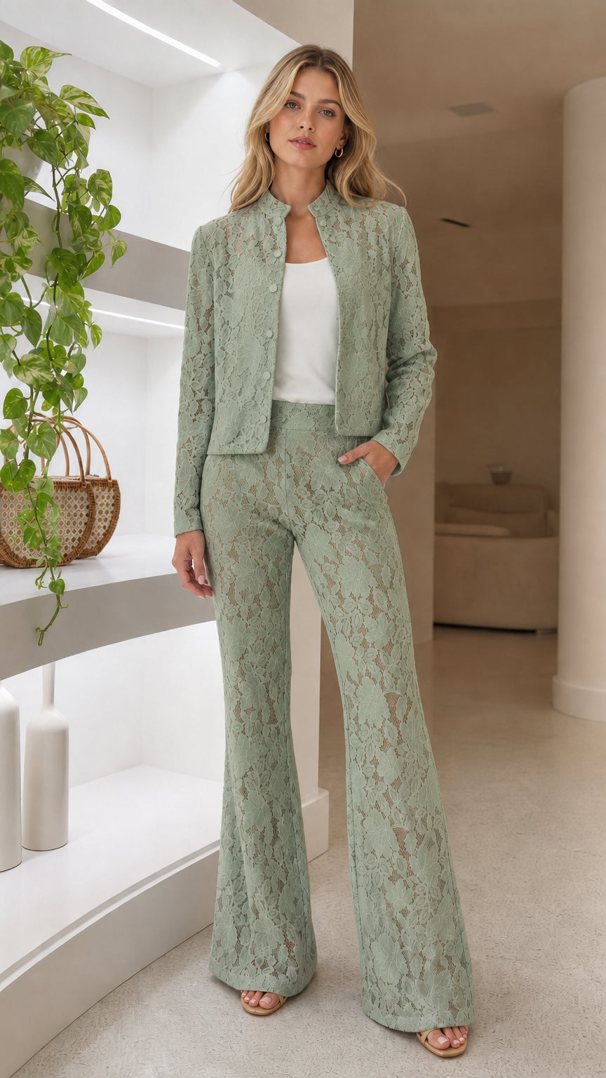 Sage green lace two-piece tailored jacket and flare pant suit set