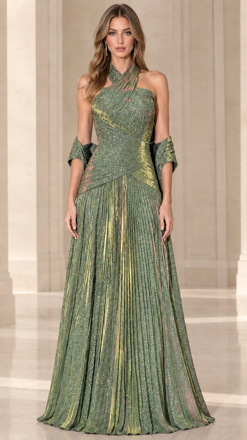 Sage green metallic pleated cross halter evening gown with matching shawl
