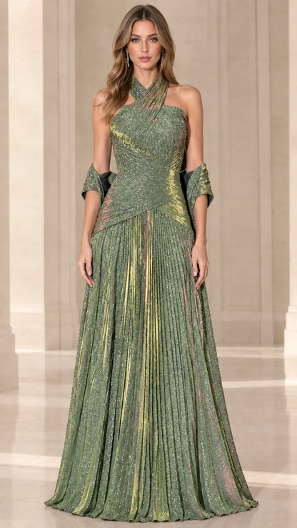 Sage green metallic pleated cross halter evening gown with matching shawl