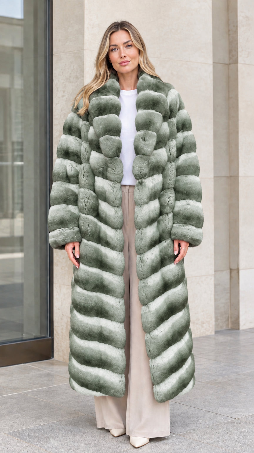 Model wearing Sage Green full-length tiered plush faux fur maxi coat