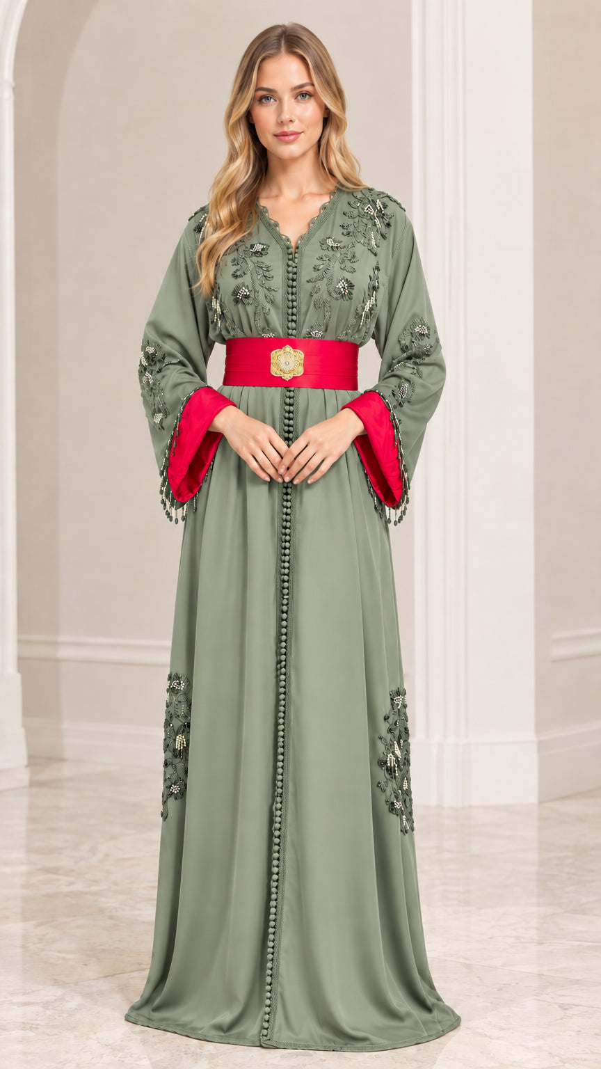 Front view of sage green embroidered Moroccan kaftan dress with red belt