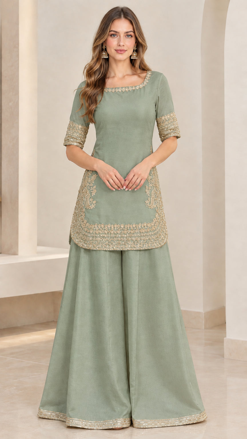 Front view of sage green embroidered kurti and flared pant set