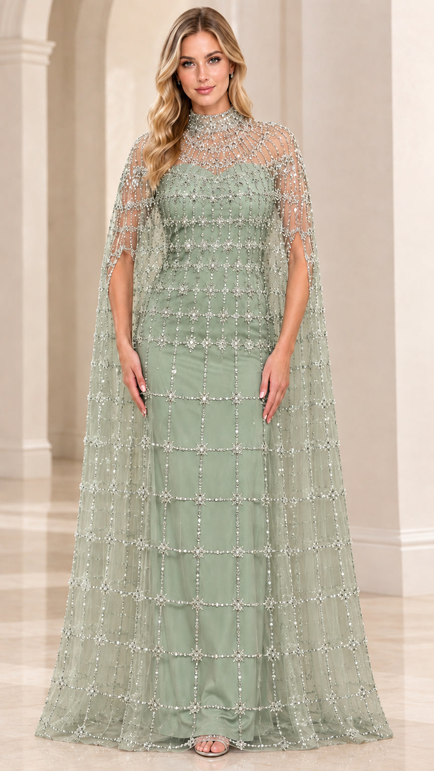 Sage green floor-length evening gown with crystal lattice cape overlay
