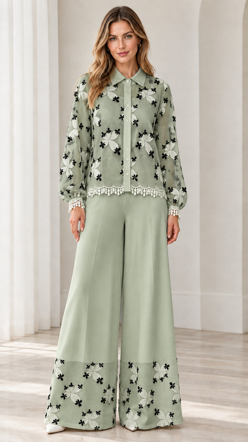 Model wearing sage green floral embroidered lace blouse and wide leg pant set